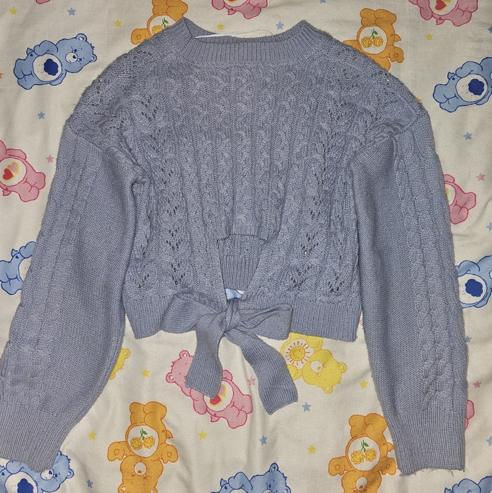 Pink Rose Blue Knit Cropped Tie Back Sweater